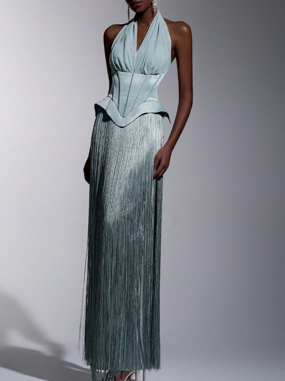 Green Elegant Women's Halter Neck Sleeveless Maxi Dress With Fringe